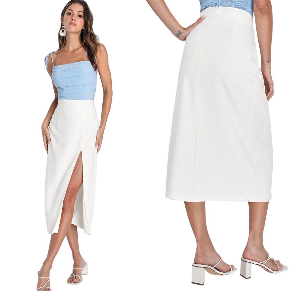 Lulu's White Midi Skirt with Front Slit